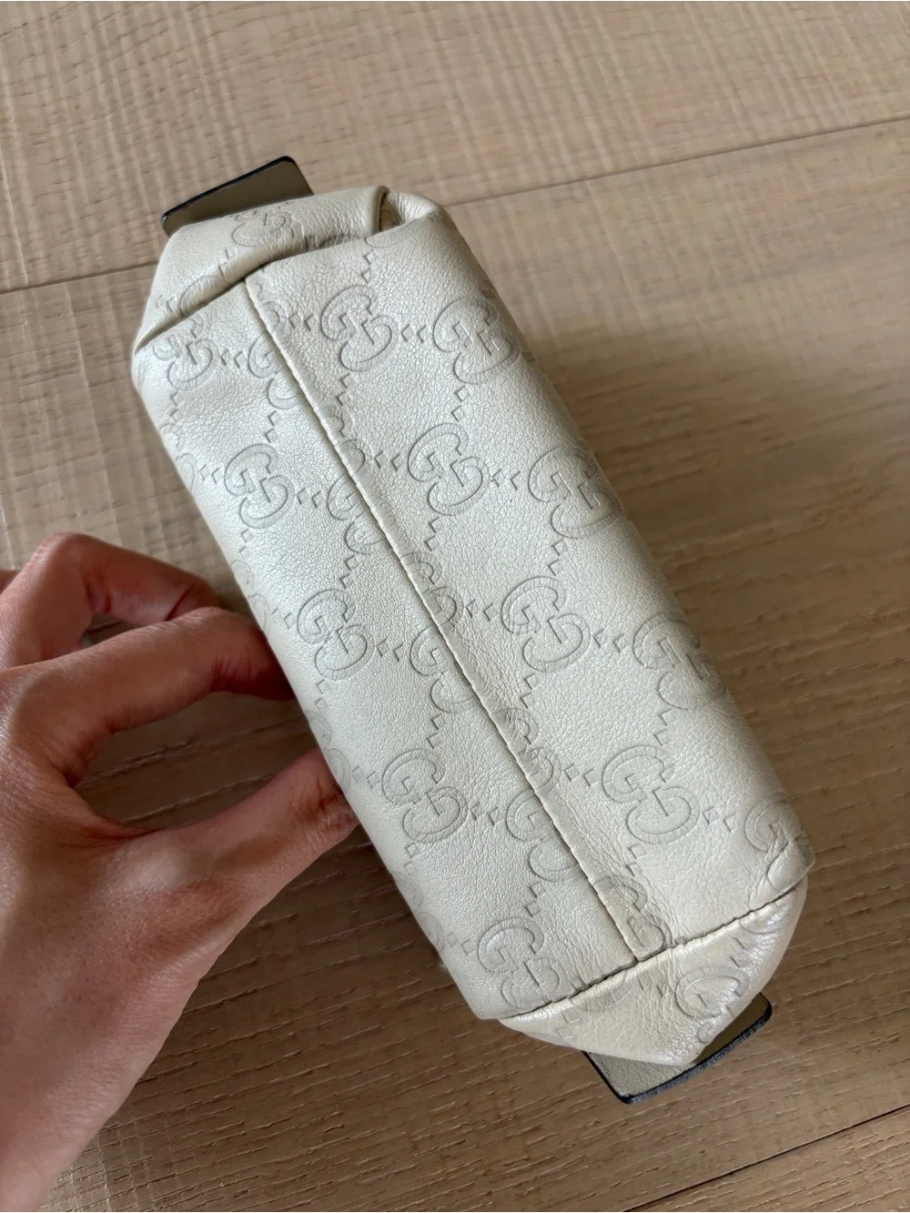Gucci Guccissima Ivory Leather Zip Cosmetic Pouch with Heart Charm